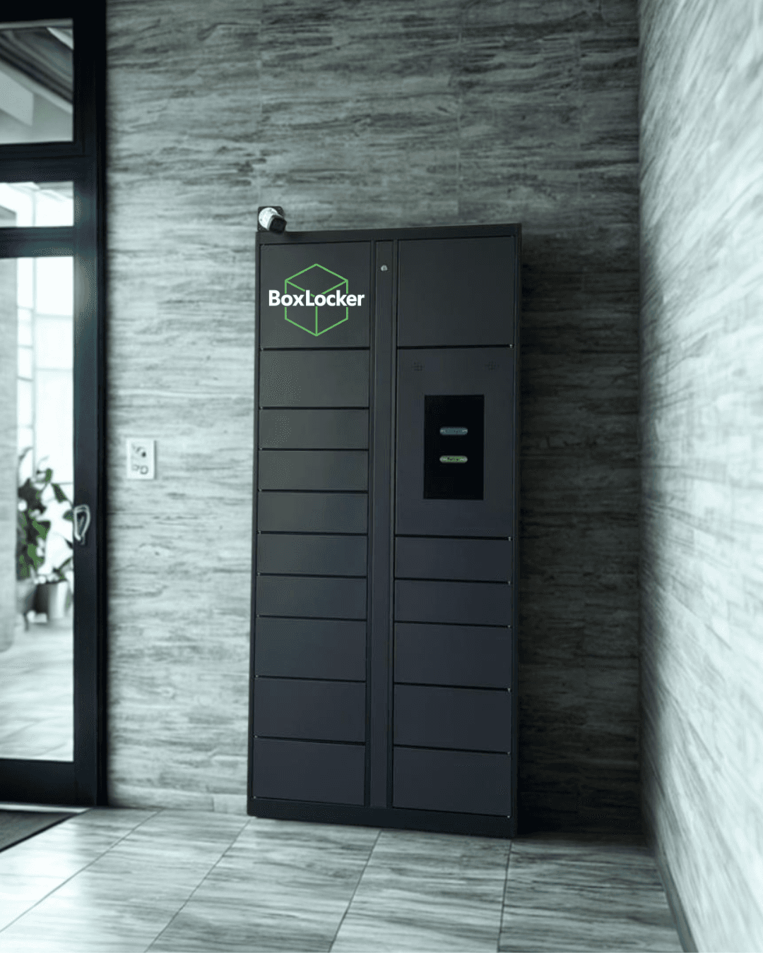 Armário inteligente BoxLocker instalado em condomínio residencial moderno — ideal para gestão de encomendas