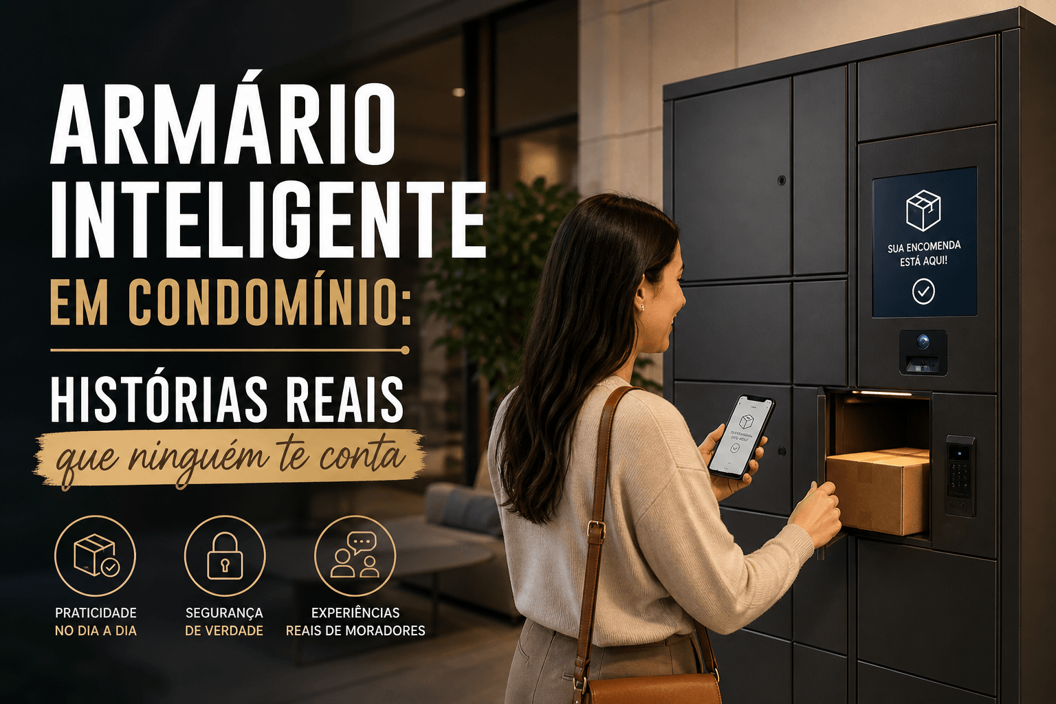 armário inteligente em condomínio com encomendas e moradores no dia a dia